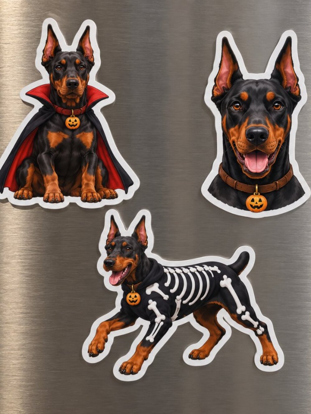Halloween Doberman Pinscher Dog Magnets Set of 3 Vampire Skeleton Fridge Decor